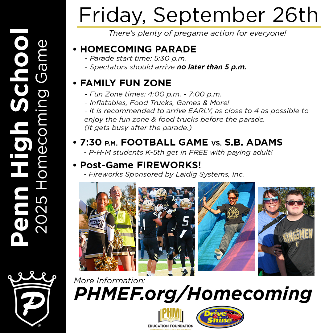 The countdown is on for #hoco2025 this Friday night. We can't wait to see the whole community come out for a great time.
🚨HOCO TIPS 🚨
🚗Make sure to check out the parking options BEFOREHAND. Respect our neighbors & don't park in yards! https://phmexcellence.com/HOCO2025
🤸If you have, elementary age students, get to the Fun Zone at 4:00!
🌮If you want to enjoy the food trucks, fill up BEFORE the parade!
👨👩👧👦Nab your parade spot by 5:00!
📣Parade starts at 5:30
🏈Kickoff is 7:30
🎆Stick around for the post game fireworks!