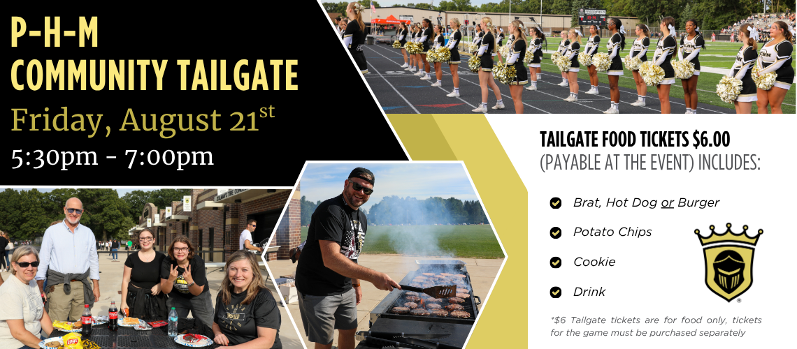 An advertisement for a community tailgate event at a football game, featuring a man in a black shirt and a group of