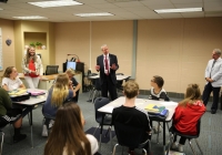 Dr. Thacker visits Mrs. Grosnickle's class at Grissom Middle School with Board Member Jim Garrett