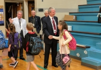 Dr. Thacker welcomes back Madison students with Board Members Jim Garrett & Larry Beehler